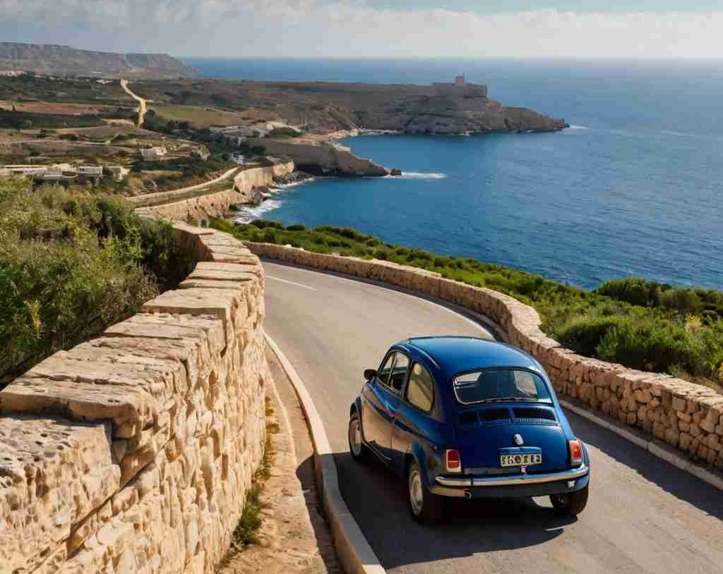 Kleiner blauer Mietwagen fährt auf malerischer Küstenstraße auf Malta entlang, mit Blick auf das Mittelmeer und traditionelle Steinmauern