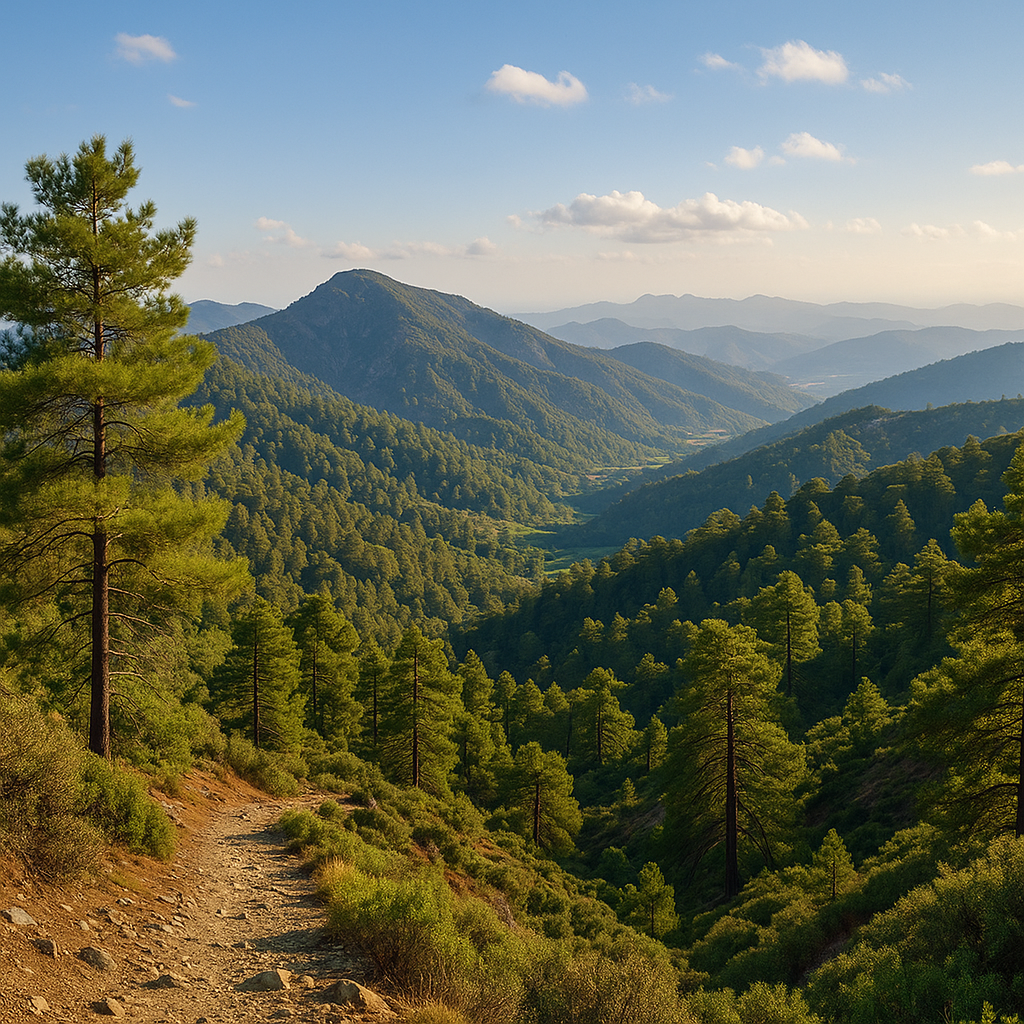 Troodos-Gebirge auf Zypern: Bergkämme, Pinienwald und Wanderpfad im Abendlicht.