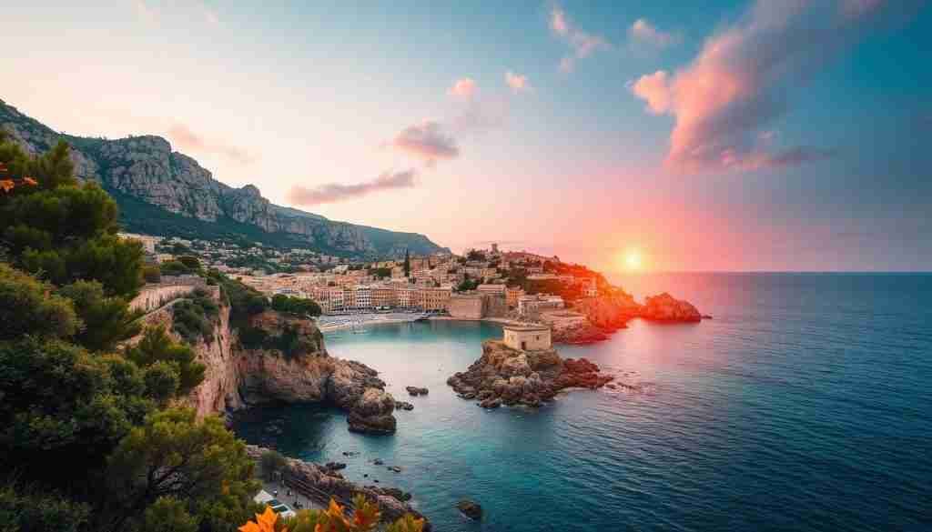 A breathtaking autumn scene on the island of Malta, with the sun's warm glow casting a soft, golden light over the rugged coastline. In the foreground, a tranquil bay with crystal-clear turquoise waters laps against the rocky shores, framed by lush, verdant foliage and towering limestone cliffs. The middle ground features a picturesque village, its traditional Maltese architecture bathed in the golden hour's ethereal radiance. The background is dominated by a dramatic, cloudless sky, transitioning from a deep azure to fiery hues of orange and pink as the sun dips below the horizon, creating a serene and captivating atmosphere.