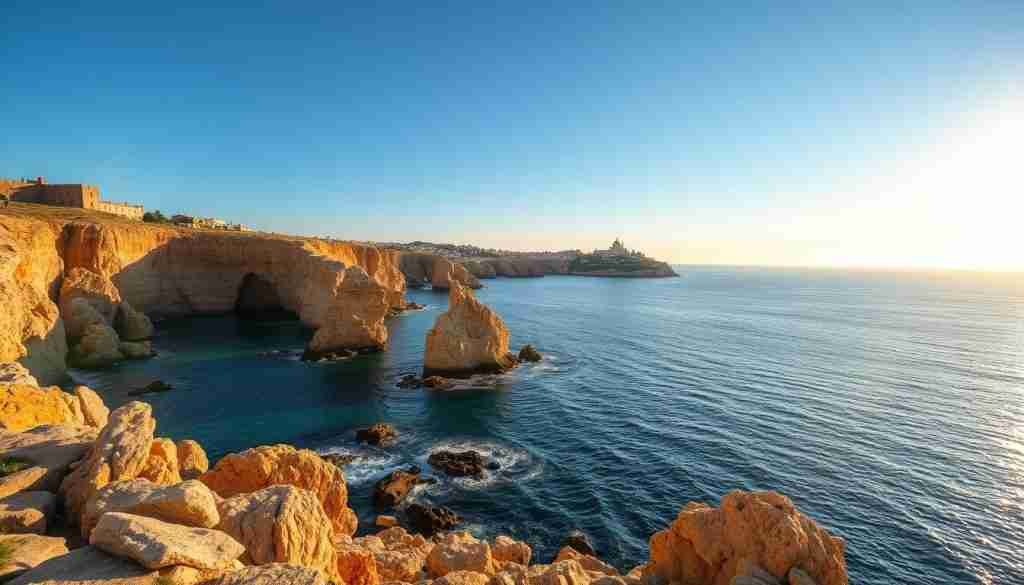 A breathtaking coastal landscape of Malta in the serene month of February. The sun's golden rays illuminate the rugged cliffs and azure waters, casting a warm, inviting glow. Jagged rock formations jut out from the sea, their shadows creating a dramatic interplay of light and shadow. The tranquil waves gently lap against the shoreline, reflecting the vibrant hues of the sky. In the distance, the historic architecture of Malta's villages dot the horizon, hinting at the cultural richness of the island. The overall atmosphere evokes a sense of tranquility and natural beauty, perfectly capturing the essence of Malta during this picturesque time of year.