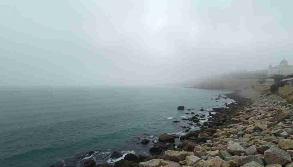 A dreamy, overcast January day on the picturesque coast of Malta. Muted tones of the rocky shoreline and azure waves, accented by the soft, diffused light filtering through the cloudy sky. Misty hues envelop the distant horizon, hinting at the island's characteristic Mediterranean atmosphere. The scene exudes a tranquil, contemplative mood, perfectly capturing the essence of the "Niederschlag und Regentage" during this mild and sunny time of year on the island.