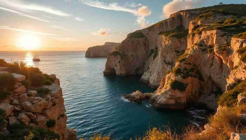 A picturesque Maltese coastal landscape in the heart of winter. Rugged cliffs and azure waters are bathed in a soft, golden glow as the sun dips below the horizon. Lush vegetation clings to the rocky outcrops, adding pops of green to the otherwise muted palette. Wispy clouds drift across the sky, casting gentle shadows over the serene scene. The camera captures this tranquil moment, showcasing Malta's natural beauty in the colder months. A sense of peaceful solitude pervades the frame, inviting the viewer to experience the island's charm during the off-season.