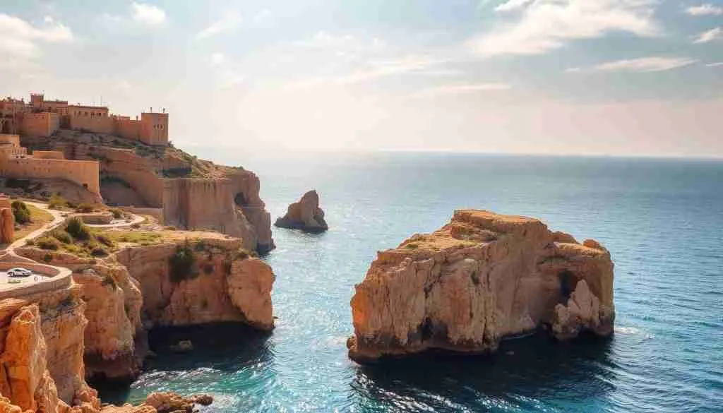 A picturesque Maltese coastal scene in the hazy, golden glow of an August afternoon. Rugged cliffs, their orange-hued limestone facades catching the warm, low-angled sunlight, jut out into the sparkling azure waters of the Mediterranean. Wispy clouds drift overhead, casting gentle shadows upon the tranquil sea. The landscape exudes a sense of timeless serenity, inviting the viewer to immerse themselves in the serene atmosphere of a Maltese summer. Capture the essence of this stunning, sun-drenched island during its peak tourist season.