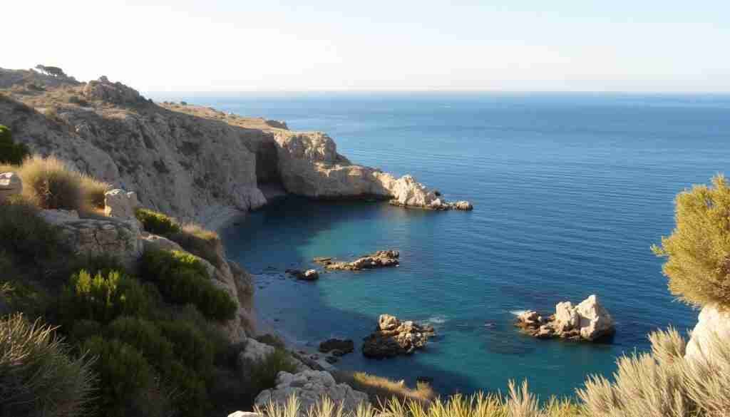 A picturesque coastal scene in Malta, bathed in the soft, warm glow of the November sun. Rocky cliffs and azure waters frame the landscape, with lush Mediterranean vegetation adding pops of green. The air is crisp, with just a hint of a salty breeze. The lighting is gentle, creating a serene, contemplative atmosphere, perfect for showcasing the mild autumn weather. The perspective should be from a slightly elevated angle, capturing the breathtaking vistas that characterize Malta's stunning shoreline during this time of year. No people are present, allowing the natural beauty of the island to take center stage.