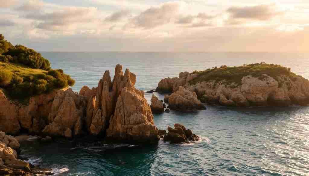 A picturesque seaside vista in Malta, captured during the most suitable season. The azure waters of the Mediterranean gently lap against the rocky shoreline, framed by lush, verdant cliffs that rise up majestically. Warm, golden sunlight filters through wispy clouds, casting a soft, dreamy glow over the scene. In the middle ground, weathered limestone formations jut out, their craggy textures contrasted by the smooth, undulating waves. The background features a distant horizon, where the sky seamlessly blends with the sea, creating a sense of boundless tranquility. This serene, atmospheric landscape evokes the essence of Maltese coastal charm.