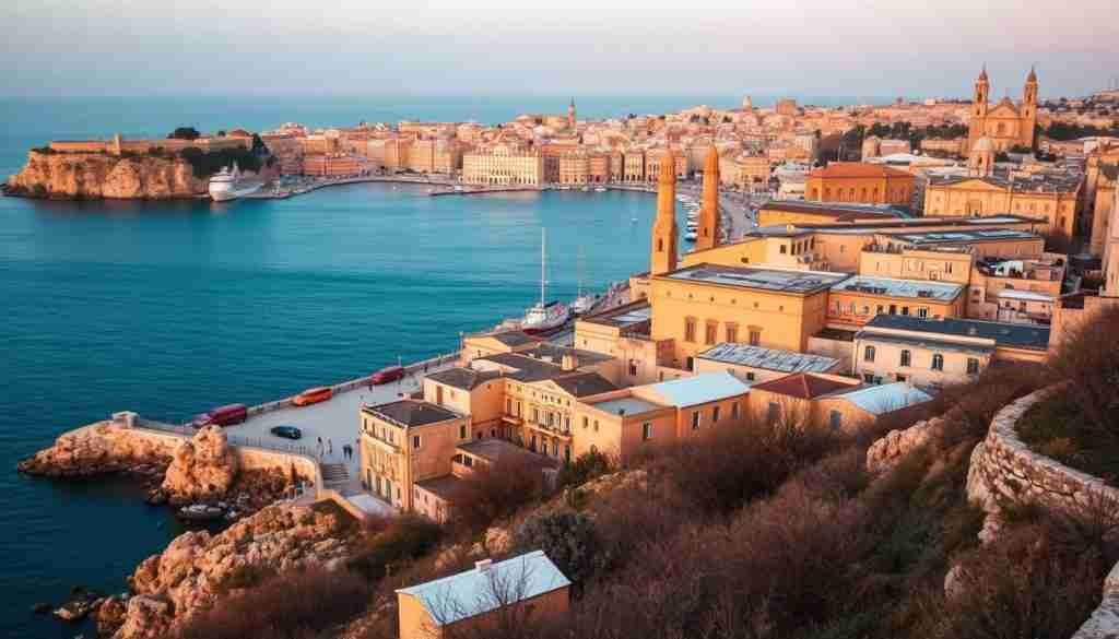 A quaint seaside town nestled on the Mediterranean, Valletta in December exudes a tranquil, festive charm. Capture the historic skyline of honey-hued buildings and church spires bathed in soft, golden light, their facades casting warm reflections on the calm harbor waters. Depict the picturesque alleys and plazas, adorned with twinkling holiday decorations, inviting visitors to stroll and soak in the mild, peaceful atmosphere. Showcase the dramatic coastal cliffs and rocky outcroppings that frame the harbor, their rugged silhouettes contrasting with the serene, azure sea. Craft a scene that evokes the contemplative, celebratory spirit of Malta in the winter months.