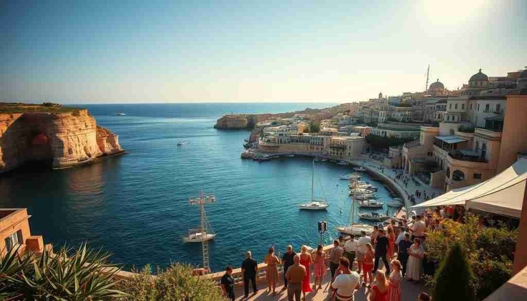 A scenic seaside town on the sun-drenched island of Malta, bathed in the warm golden light of a June evening. Picturesque coastal cliffs and azure waters frame the vibrant festivities of the Malta Festival, where traditional music and dance performances unfold against a backdrop of historic architecture. The scene is alive with the festive spirit, captured through a wide-angle lens that showcases the captivating interplay of land, sea, and sky. The mood is one of celebration, with a soft, diffused lighting that enhances the ambient glow and invites the viewer to immerse themselves in the enchanting atmosphere of this lively Maltese cultural event.