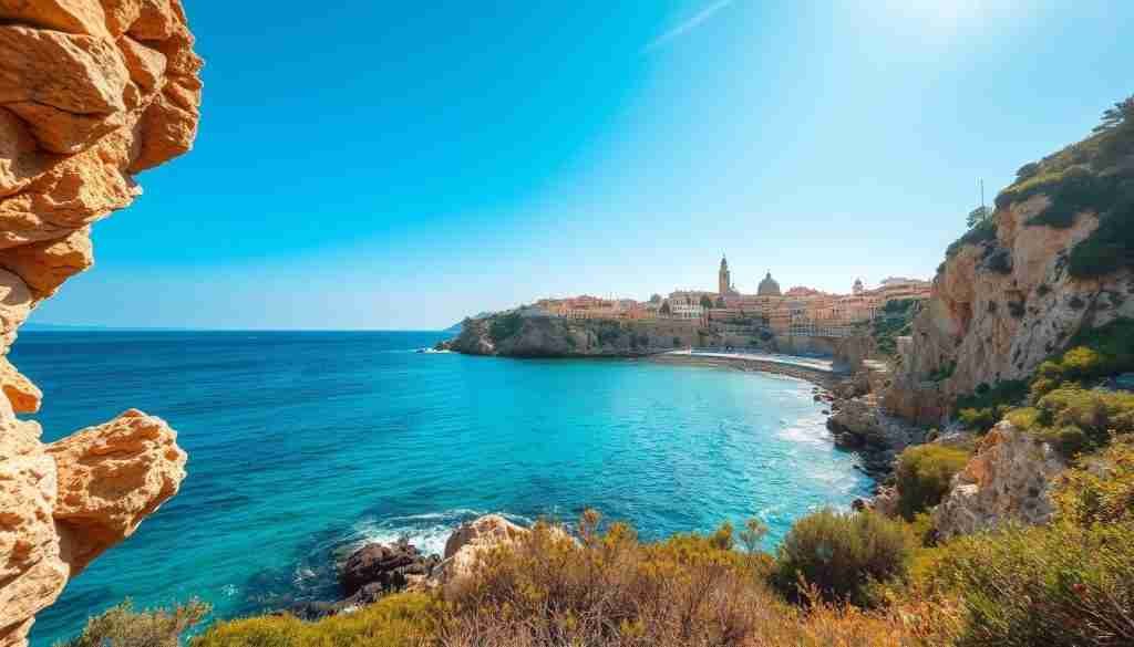 A seaside landscape in Malta, bathed in the warm glow of an April sun. Rocky cliffs and turquoise waters set the scene, with lush vegetation cascading down the coastline. The breeze carries a hint of salt and freshness. Capture the gentle, tranquil atmosphere through soft, diffused lighting, highlighting the vibrant colors and textures of the natural surroundings. Utilize a wide-angle lens to showcase the sweeping coastal panorama, framed by the island's distinctive architecture in the distance. Evoke a sense of serene exploration, inviting the viewer to imagine a leisurely stroll along the picturesque shoreline during this optimal time of year.
