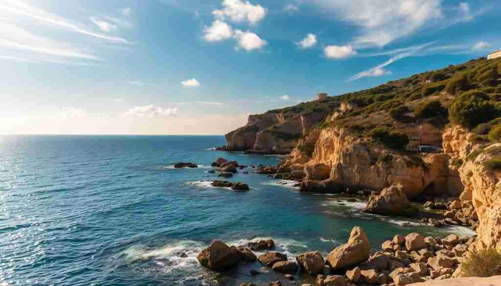 A serene coastal landscape in Malta, bathed in the warm glow of the April sun. The azure Mediterranean waters gently lap against the rocky shores, surrounded by lush, verdant cliffs. Wispy clouds drift overhead, casting dynamic shadows across the scene. The light has a soft, golden hue, reflecting the pleasant temperatures of this time of year. Capture the tranquil, picturesque atmosphere of Malta in the springtime, showcasing the island's natural beauty without any human presence. Emphasize the harmonious interplay of land, sea, and sky to depict the ideal weather conditions of this idyllic destination.