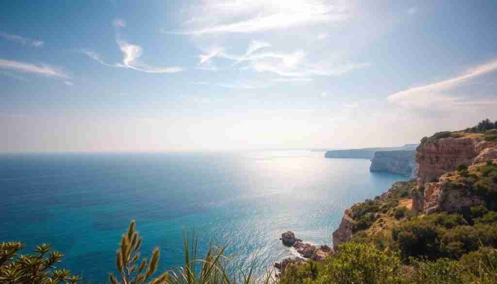A serene seaside landscape in Malta, bathed in the warm glow of the May sun. Picturesque cliffs and azure waters stretch out before the viewer, framed by lush, verdant foliage. The scene exudes a tranquil, Mediterranean atmosphere, with soft, diffused lighting that highlights the natural beauty of the island. Wispy clouds drift overhead, adding depth and a sense of movement to the calm, idyllic setting. The perfect backdrop to showcase the ideal attire for a Maltese island getaway in the month of May.