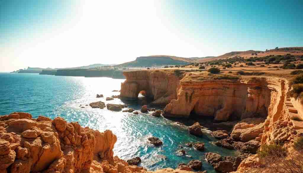 A sun-drenched Maltese coastal landscape on a mild October day. The azure Mediterranean sea laps against rocky shores, bathed in warm, golden light. Dramatic cliffs rise in the middle ground, their weathered limestone faces casting dramatic shadows. In the background, rolling hills dotted with lush vegetation stretch towards the horizon. The scene is imbued with a tranquil, serene atmosphere, capturing the essence of Malta's pleasant autumn weather and abundant sunshine.