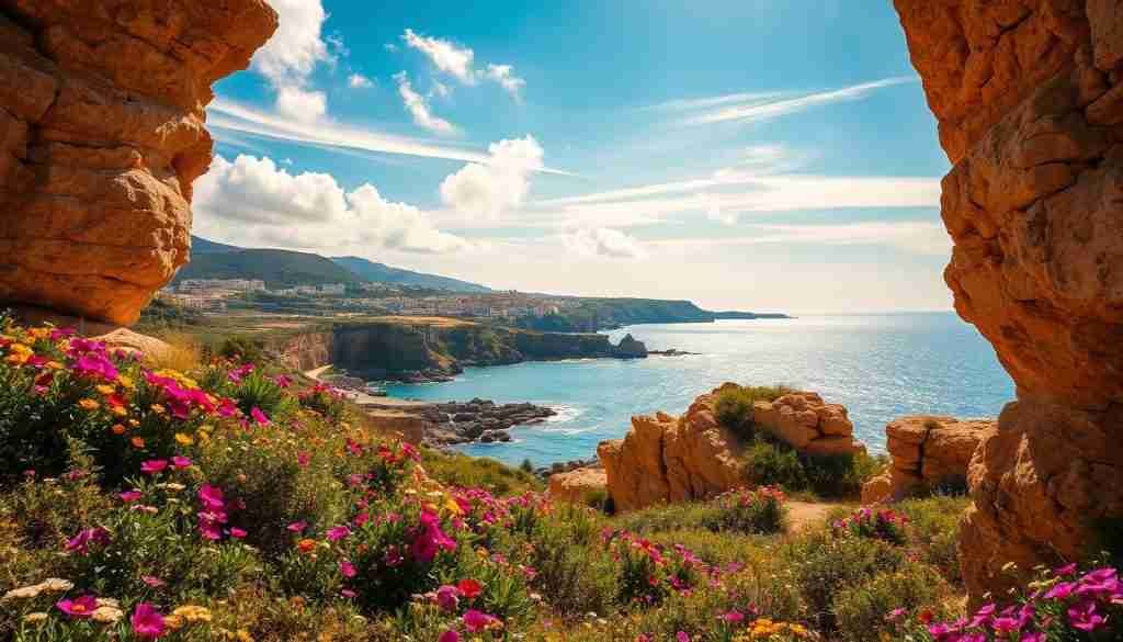 A sun-drenched Maltese coastline in springtime, the rocky shores and azure waters aglow with the vibrant colors of blooming wildflowers. Craggy cliffs in the middle ground frame the tranquil scene, casting dramatic shadows across the landscape. The warm Mediterranean light filters through wispy clouds, painting the scene with a soft, golden hue. In the distance, historic coastal towns nestle between the hills, their whitewashed buildings standing in contrast to the lush, verdant foliage. Capture the essence of Malta's springtime revival, a harmonious balance of land, sea, and sky.