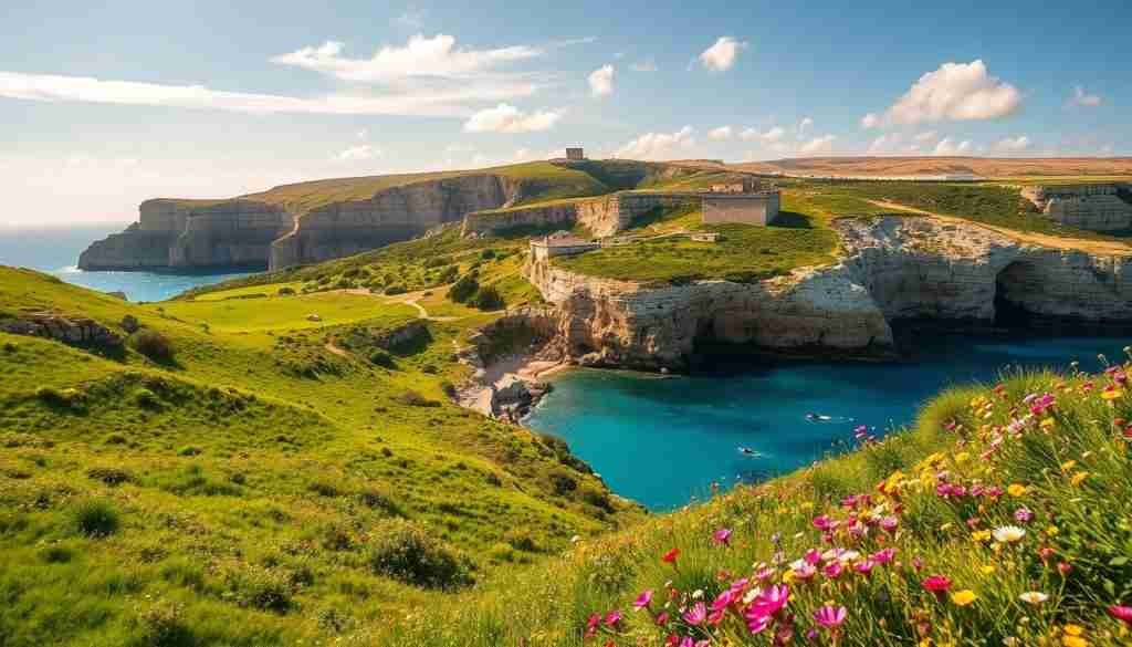 A sun-drenched Maltese landscape in the gentle embrace of spring. Verdant meadows dotted with vibrant wildflowers sway in the soft breeze, their colors dancing across the rolling hills. In the middle ground, ancient limestone cliffs rise majestically, their weathered surfaces glowing in the warm, golden light. The azure waters of the Mediterranean shimmer and sparkle, lapping gently against the rugged coastline. Wispy clouds drift overhead, casting playful shadows across the scene. The air is filled with the sweet fragrance of blooming flora, and the whole vista radiates a sense of tranquility and renewal. This is Malta in the springtime, a symphony of mild temperatures and breathtaking natural beauty.