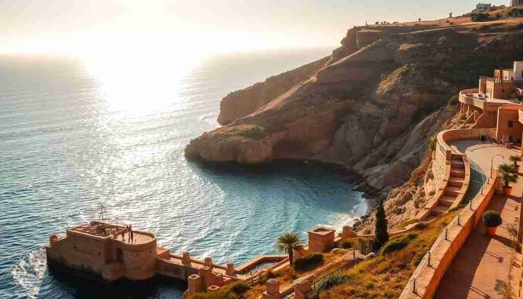 A sun-drenched Mediterranean landscape in Malta, captured in the soft, mellow glow of a December afternoon. Rolling coastlines, rocky cliffs, and azure waters set the stage, bathed in a warm, golden light that casts long shadows and highlights the textural details of the terrain. The scene evokes a sense of calm and tranquility, with a festive, holiday-inspired atmosphere that invites the viewer to imagine strolling along the picturesque promenade, taking in the sights and sounds of this enchanting island paradise.