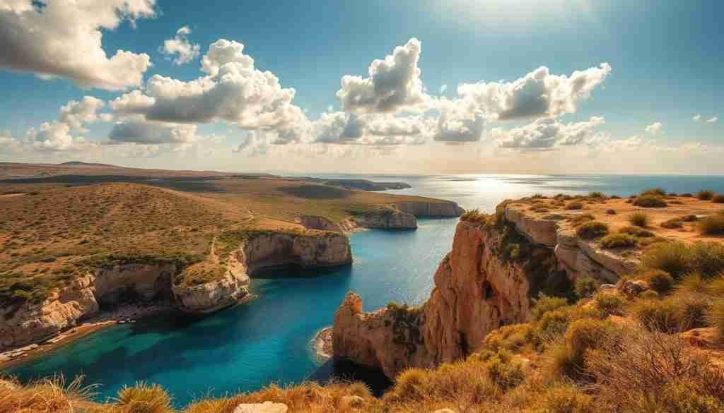 A sun-drenched coastal landscape in Malta, captured during the height of summer. Rolling hills, rugged cliffs, and azure waters converge in a breathtaking tableau. Golden sunlight dances across the scene, casting a warm, inviting glow. Verdant vegetation clings to the rocky outcroppings, contrasting with the vibrant blue of the Mediterranean. Fluffy cumulus clouds drift lazily overhead, casting gentle shadows upon the serene seascape. The composition emphasizes the natural beauty of Malta's coastline, showcasing the picturesque scenery that makes the island a popular summer destination. Dramatic lighting and a soft, hazy atmosphere evoke the sultry, laidback ambiance of a Maltese July.