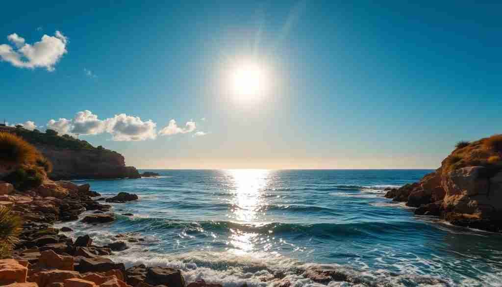 A sun-drenched seascape along the picturesque Maltese coastline in the tranquil month of January. Gently rolling waves lap against the rocky shore, bathed in a warm, golden glow. Rugged cliffs and lush vegetation frame the scene, creating a serene and peaceful atmosphere. The clear, azure sky stretches above, punctuated by fluffy white clouds. A telephoto lens captures the essence of this surprisingly sunny and mild Mediterranean winter, showcasing Malta's stunning natural beauty. The overall mood evokes a sense of calm, comfort, and respite from the colder months.