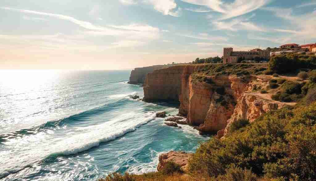 A sun-soaked Mediterranean coastline in September, Malta's limestone cliffs and azure waters glisten under a warm, golden light. Rolling waves caress the rugged shore, as wispy clouds drift across a boundless sky. Lush foliage and verdant shrubs dot the landscape, creating a lush, verdant contrast against the dramatic rock formations. The scene exudes a sense of tranquility and timelessness, with the gentle breeze carrying the scent of the sea. This idyllic setting captures the essence of Malta's extended summer, inviting the viewer to experience the perfect weather and scenery of this enchanting island destination.