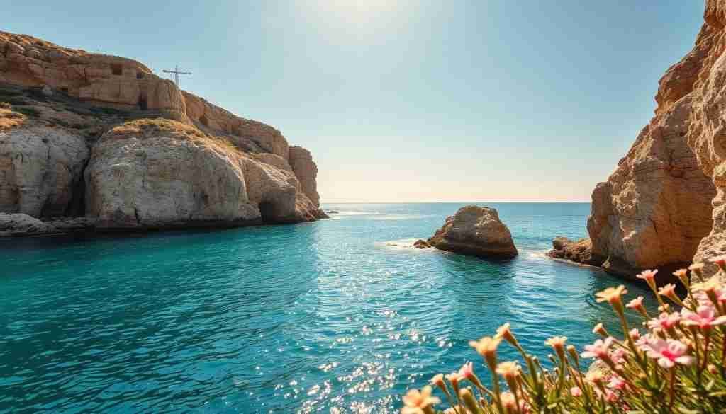 A tranquil Mediterranean coastline under the golden glow of June sunshine. Rugged limestone cliffs and turquoise waters frame the serene scene. A gentle breeze carries the scent of blooming wildflowers. The warm, inviting atmosphere is perfect for lightweight, breathable clothing - cotton sundresses, linen shirts, and sandals to comfortably explore Malta's picturesque shores. Capture the essence of a Maltese summer day, with soft, diffused natural lighting highlighting the landscape's natural beauty.