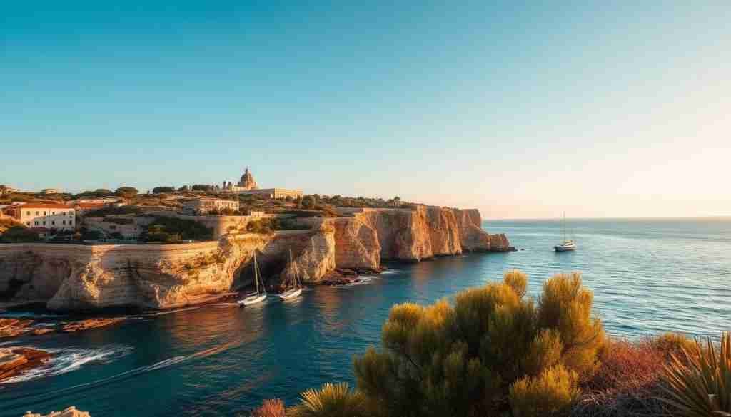 A tranquil autumn day on the picturesque island of Malta, the sun's warm rays casting a soft glow over the rugged coastline. Weathered limestone cliffs meet the gently lapping azure waters, as a gentle breeze whispers through the lush Mediterranean foliage. The scene is bathed in a golden-hued light, evoking a sense of calm and serenity. The temperature is comfortably mild, perfect for exploring the island's natural wonders. Capture the essence of this enchanting October setting, showcasing Malta's captivating coastal landscapes in their autumnal splendor.