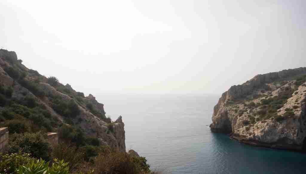 A tranquil coastal scene in Malta during the month of February. Rugged cliffs and azure waters under a soft, diffused light. Wisps of clouds drift across a pale sky, creating a serene and contemplative atmosphere. The landscape is dotted with lush vegetation, offering a touch of vibrant greenery against the muted tones. The overall mood evokes a sense of calm and peacefulness, perfectly suited for this time of year on the island. The camera captures the scene from a slightly elevated angle, showcasing the natural beauty of Malta's coastline in the most flattering light.