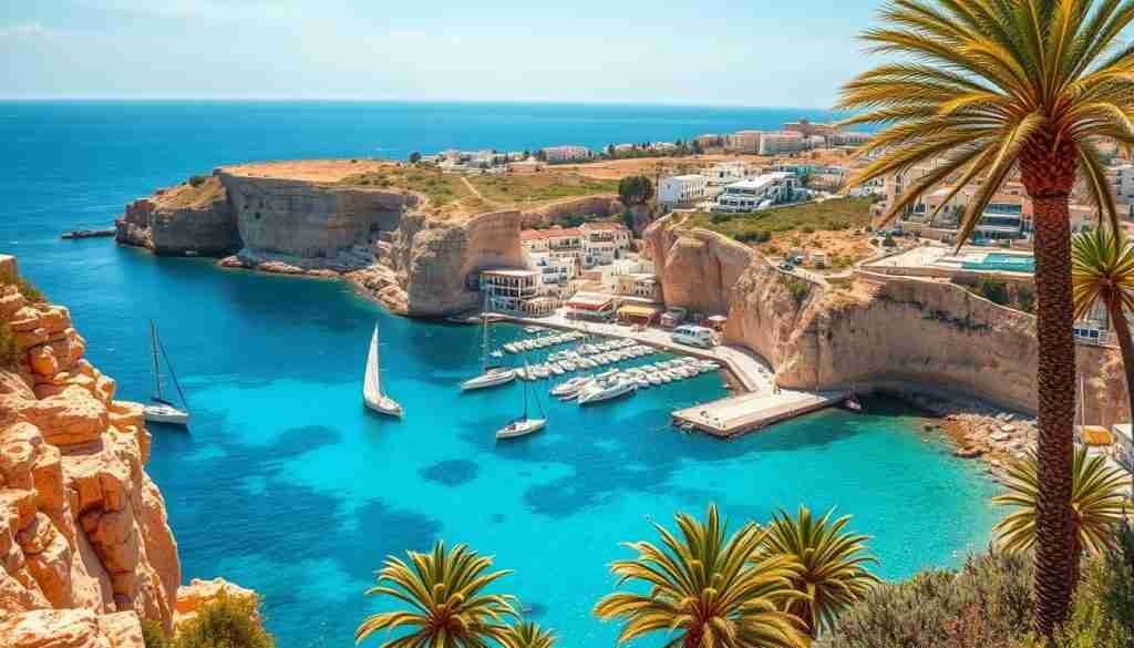 A vibrant coastal scene in Malta, captured during the sun-drenched month of August. Rugged cliffs plunge into crystal-clear turquoise waters, their weathered faces bathed in a warm, golden glow. Picturesque harbor towns nestle along the shoreline, their whitewashed buildings and tiled roofs reflecting the Mediterranean light. Sailboats dot the horizon, their sails billowing in the gentle breeze. The landscape is lush and verdant, with palm trees swaying gracefully. A serene, yet energetic atmosphere pervades the scene, hinting at the organized tourism that thrives during this peak season.