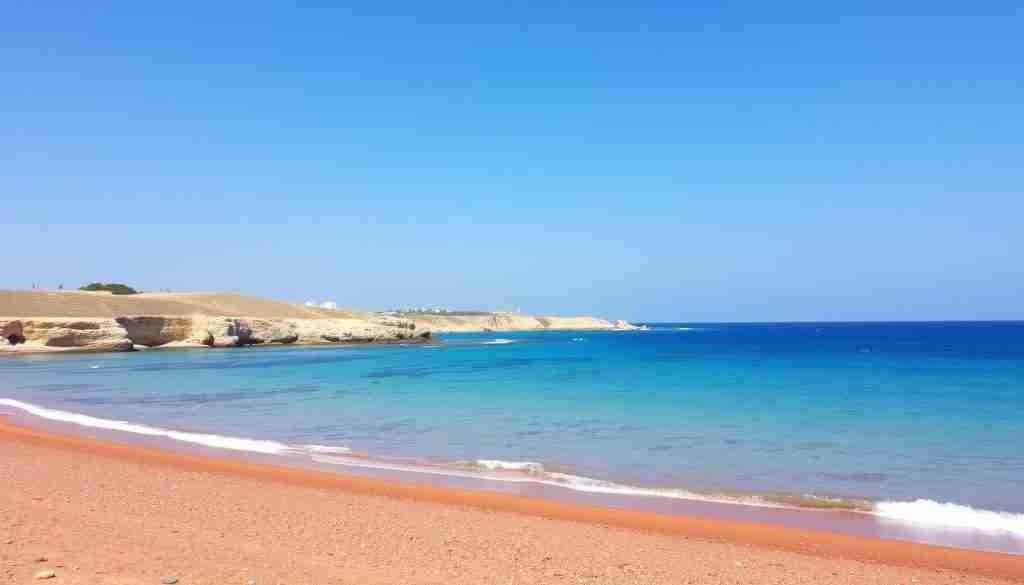 Ein Bild von der Ramla Bay auf Gozo, mit rötlichem Sandstrand und türkisfarbenem Wasser.