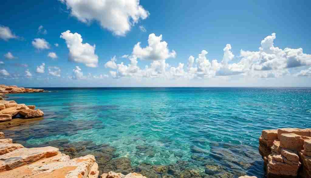 Zeige eine malerische Meerlandschaft von Malta im Juli. Eine felsige Küste mit klar türkisfarbenem Wasser und einer Vielzahl an Sonnenreflexionen auf der Oberfläche. Der Himmel ist strahlend blau mit einigen flaumigen Cumuluswolken, die das Licht in interessante Schatten werfen. Die Stimmung ist warm und sonnig, mit einem leichten Wind, der die Wellen sanft kräuselt. Die Beleuchtung ist natürlich und stimmungsvoll, mit einem Fokus auf die Details der Felsen, Farben und Texturen. Die Komposition betont die Weite und Ruhe der Szene, sodass der Betrachter die Entspannung und den Genuss des mallorquinischen Sommers spüren kann.
