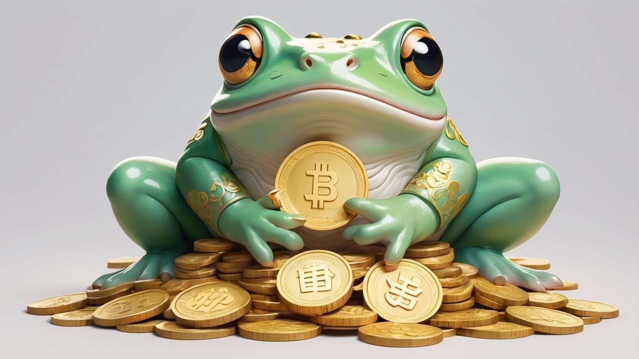 Stylisierte grüne Kröte sitzt auf einem Haufen goldener Münzen und hält eine Münze mit Symbol in den Vorderpfoten.