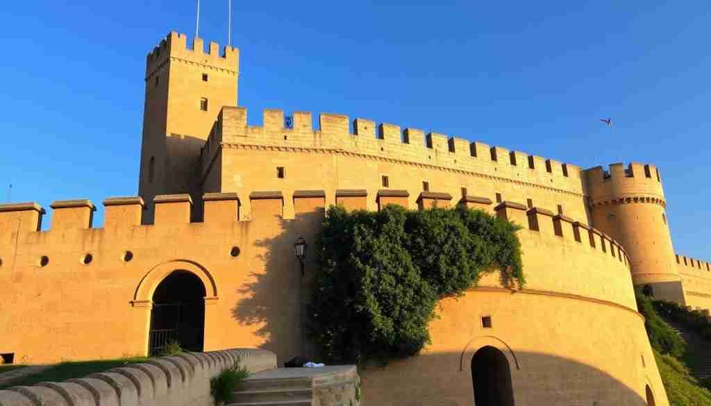 A towering stone fortification stands proudly, its weathered ramparts casting dramatic shadows under the warm afternoon sun. Mdina's ancient city walls, a testament to Malta's storied past, stretch out in a serpentine embrace, their ochre hues glistening. Ornate arched entryways invite exploration, leading the eye inward to the hidden architectural treasures within the walled city. Lush foliage cascades down the ramparts, adding a touch of verdant contrast to the sturdy masonry. A sense of tranquility and timelessness permeates the scene, inviting the viewer to step back in time and imagine the stories these unyielding walls have witnessed over the centuries.