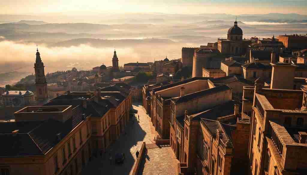 An ancient walled city nestled atop a limestone hill, Mdina Malta emerges from the mist, its timeless silhouette punctuated by towering spires and ornate Baroque architecture. In the foreground, cobblestone streets wind through a maze of sun-dappled alleyways, flanked by historic palaces and noble residences. The middle ground reveals the dramatic fortifications, their thick stone walls and bastions guarding the city's storied past. In the distance, the rolling hills of the Maltese countryside stretch towards the horizon, bathed in a warm, golden light that casts a serene, almost mystical glow over the entire scene. Subtle shadows and dramatic highlights accentuate the architectural details, conveying a sense of history, grandeur, and timeless elegance.